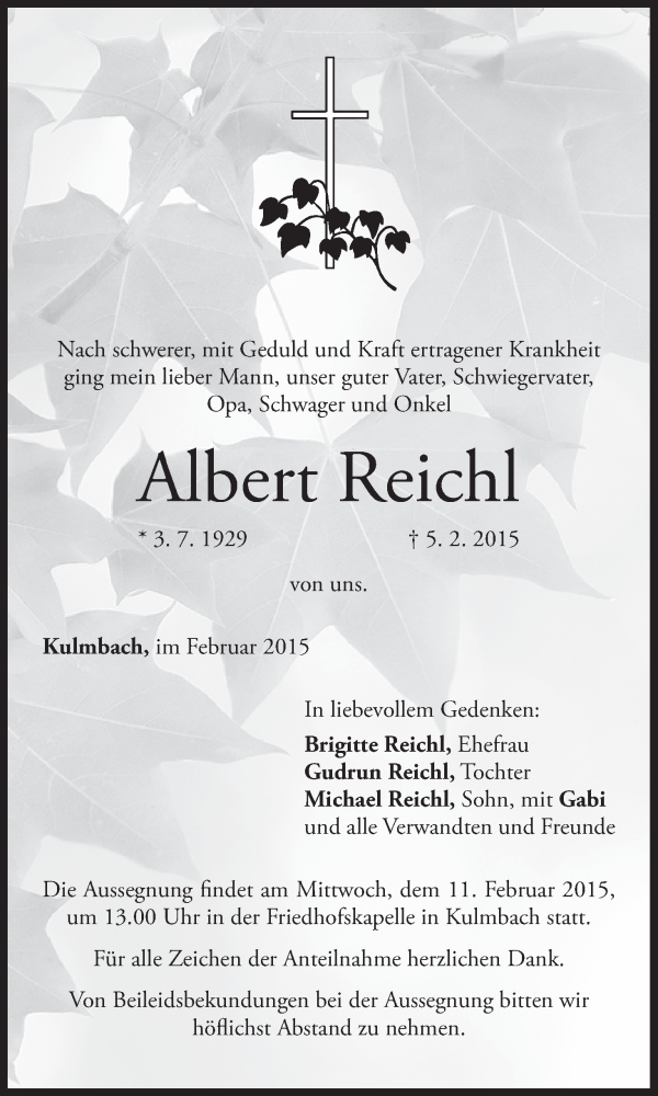  Traueranzeige für Albert Reichl vom 09.02.2015 aus MGO