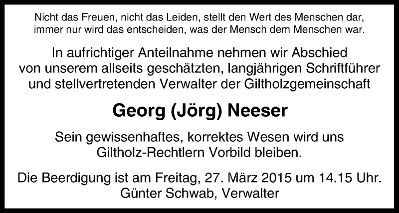  Traueranzeige für Georg Neeser vom 27.03.2015 aus MGO