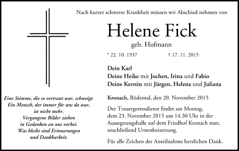  Traueranzeige für Helene Fick vom 20.11.2015 aus MGO
