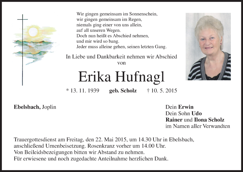  Traueranzeige für Erika Hufnagl vom 16.05.2015 aus MGO