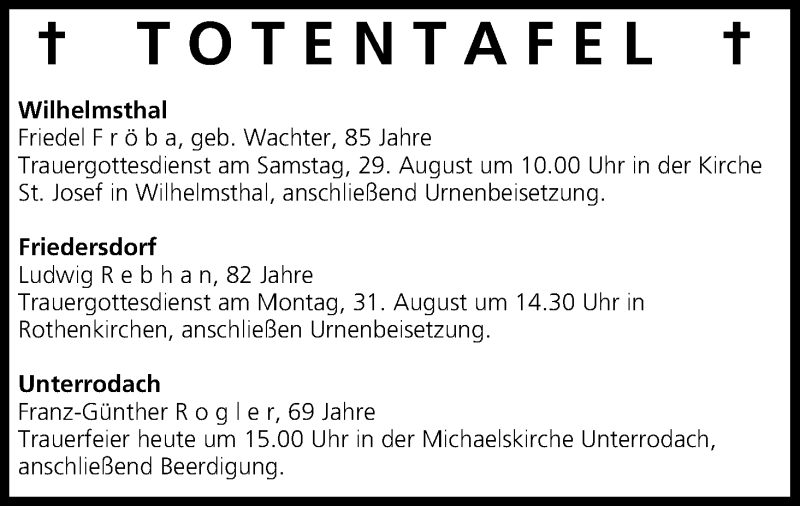  Traueranzeige für Totentafel vom 28.08.2015 vom 28.08.2015 aus MGO