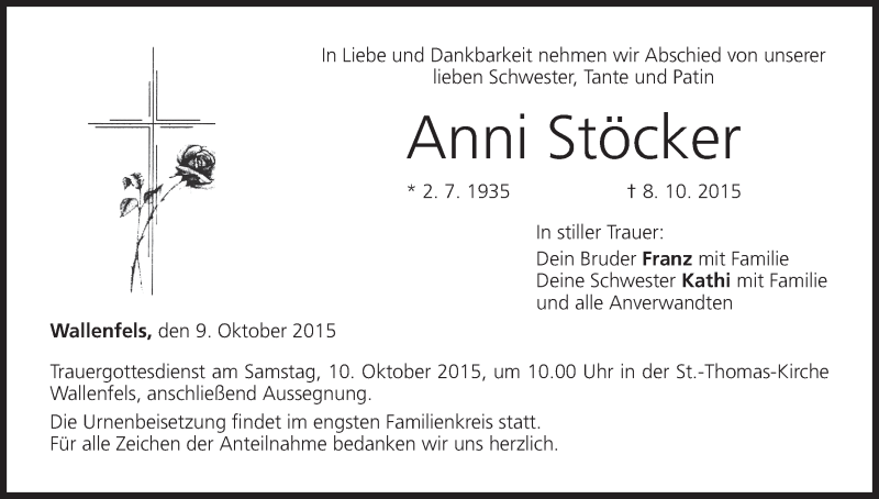  Traueranzeige für Anni Stöcker vom 09.10.2015 aus MGO