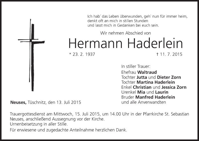  Traueranzeige für Hermann Haderlein vom 13.07.2015 aus MGO