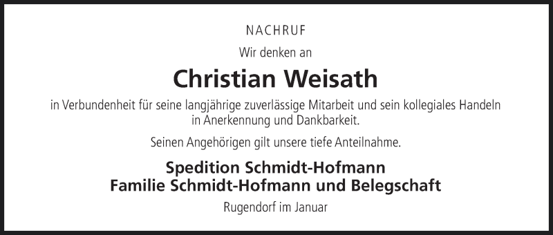  Traueranzeige für Christian Weisath vom 20.01.2015 aus MGO