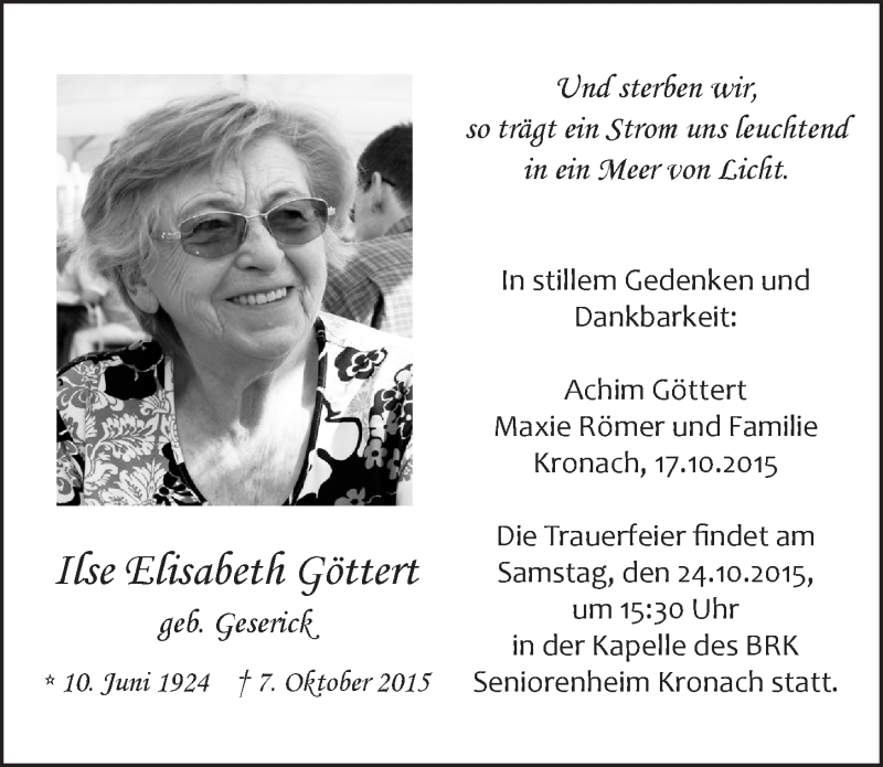  Traueranzeige für Ilse Elisabeth Göttert vom 17.10.2015 aus MGO