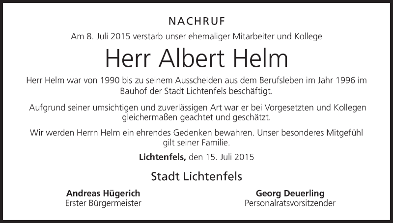  Traueranzeige für Albert Helm vom 15.07.2015 aus MGO