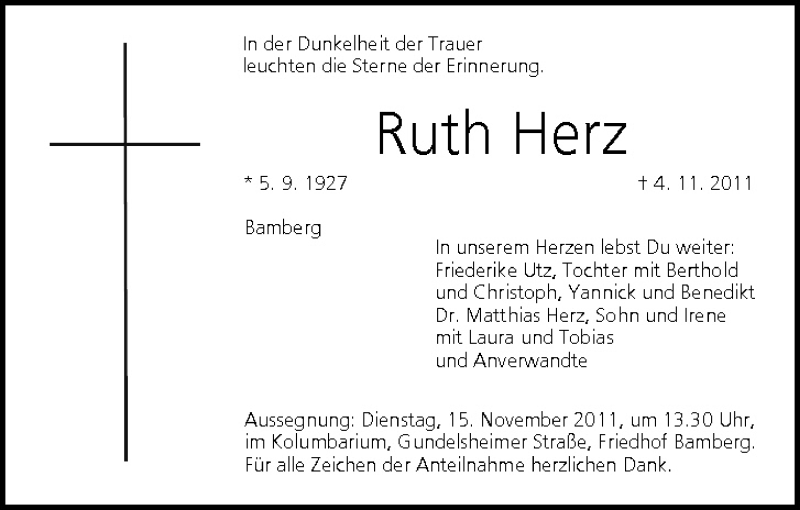  Traueranzeige für Ruth Herz vom 12.11.2011 aus MGO