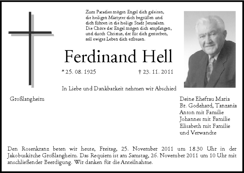 Ferdinand Hell | Traueranzeige | Trauer.inFranken.de