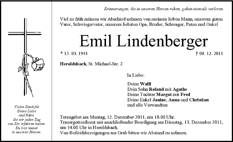  Traueranzeige für Emil Lindenberger vom 10.12.2011 aus MGO