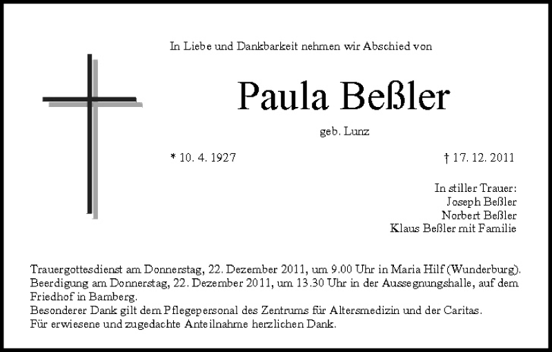  Traueranzeige für Paula Beßler vom 21.12.2011 aus MGO