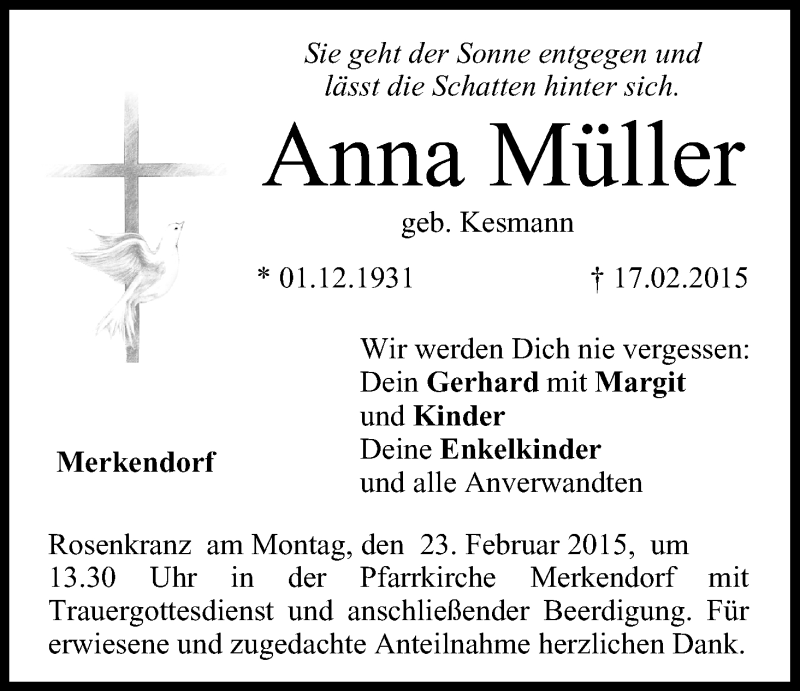  Traueranzeige für Anna Müller vom 21.02.2015 aus MGO
