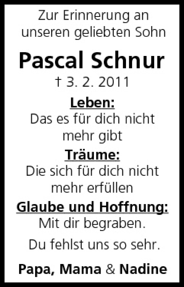  Traueranzeige für Pascal Schnur vom 03.02.2012 aus MGO