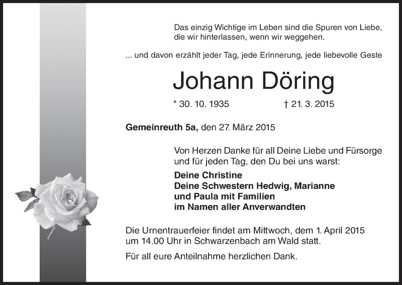  Traueranzeige für Johann Döring vom 27.03.2015 aus MGO