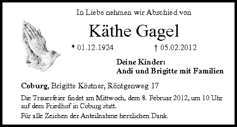  Traueranzeige für Käthe Gagel vom 07.02.2012 aus MGO