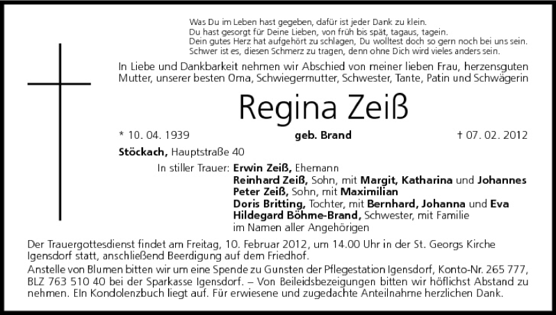  Traueranzeige für Regina Zeiß vom 09.02.2012 aus MGO