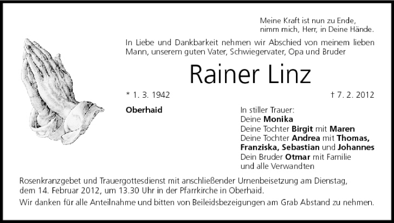  Traueranzeige für Rainer Linz vom 09.02.2012 aus MGO