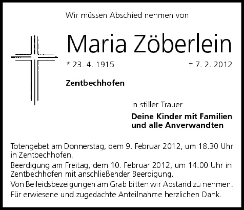  Traueranzeige für Maria Zöberlein vom 09.02.2012 aus MGO