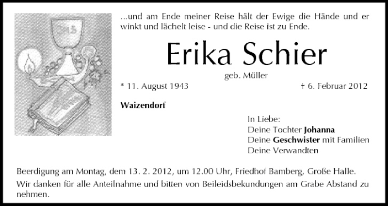  Traueranzeige für Erika Schier vom 11.02.2012 aus MGO