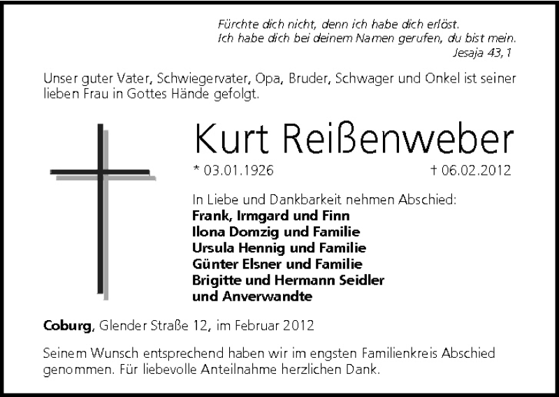  Traueranzeige für Kurt Reißenweber vom 10.02.2012 aus MGO