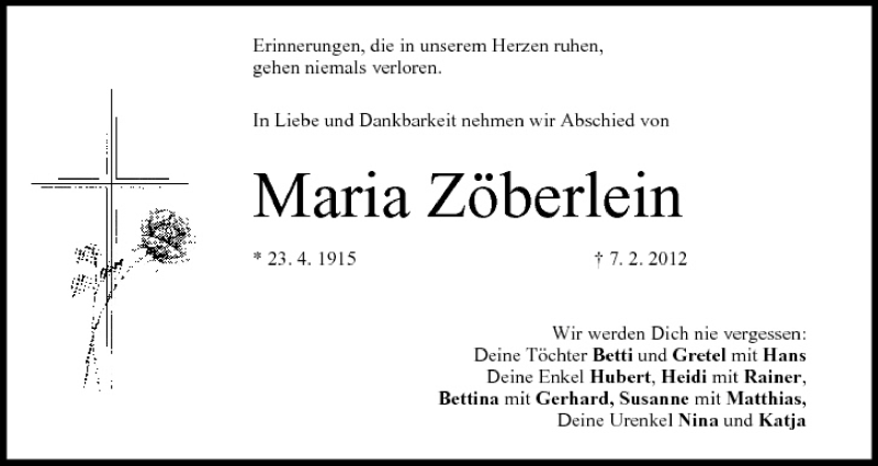  Traueranzeige für Maria Zöberlein vom 09.02.2012 aus MGO