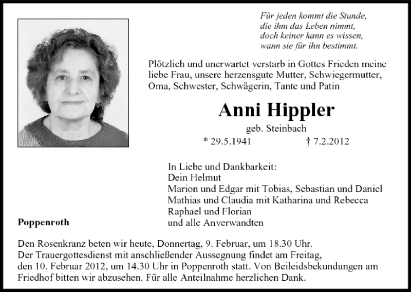  Traueranzeige für Anni Hippler vom 09.02.2012 aus MGO