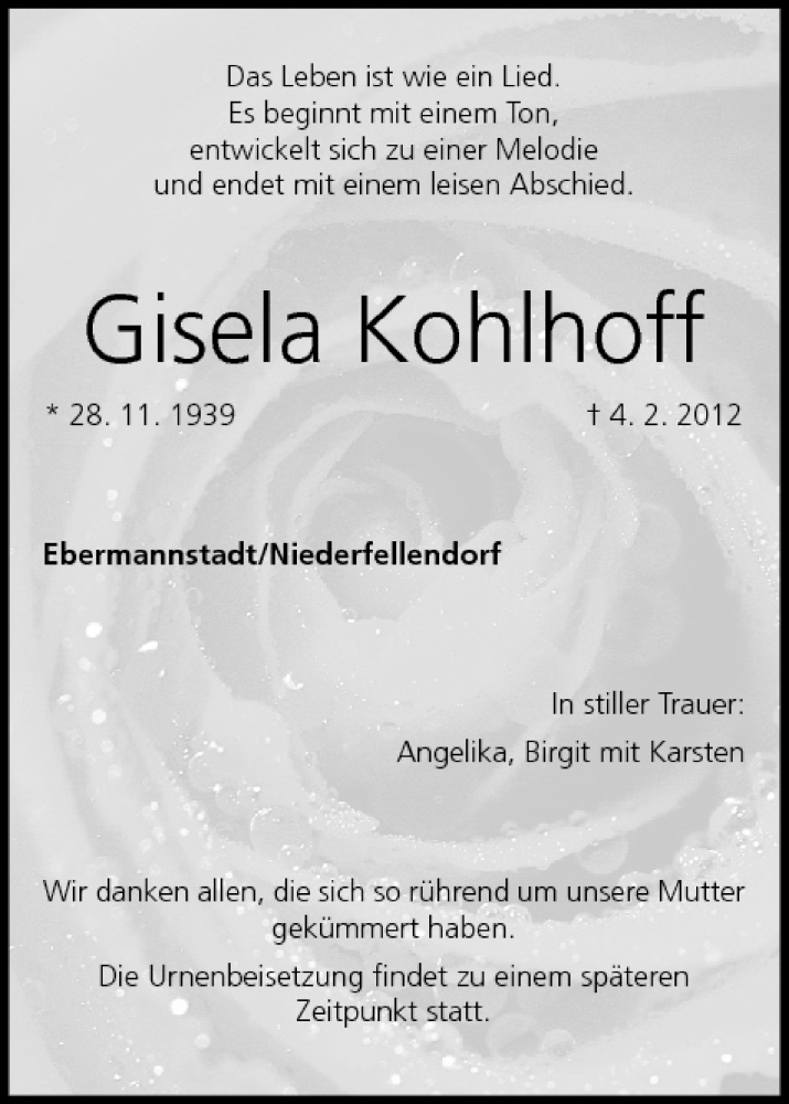  Traueranzeige für Gisela Kohlhoff vom 11.02.2012 aus MGO
