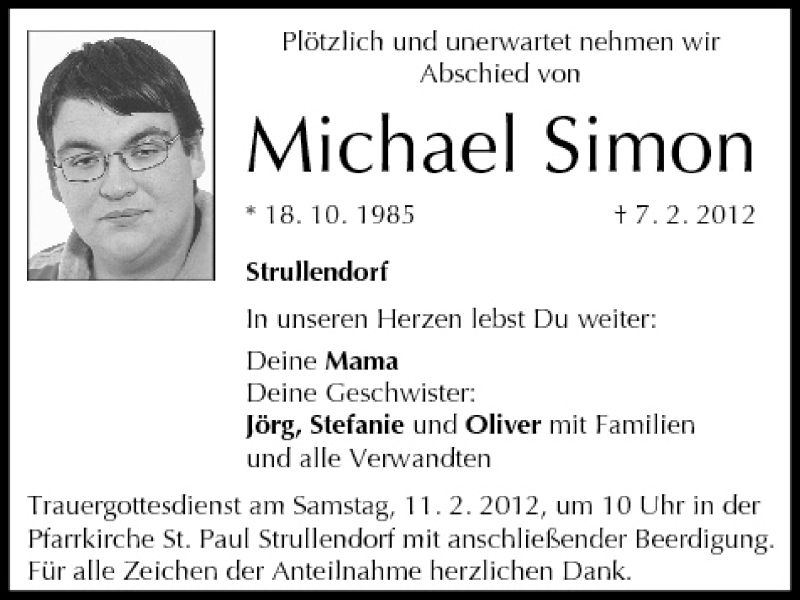  Traueranzeige für Michael Simon vom 09.02.2012 aus MGO