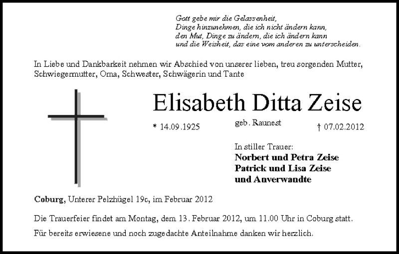  Traueranzeige für Elisabeth Ditta Zeise vom 10.02.2012 aus MGO