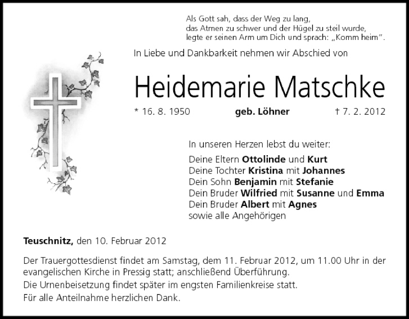  Traueranzeige für Heidemarie Matschke vom 10.02.2012 aus MGO