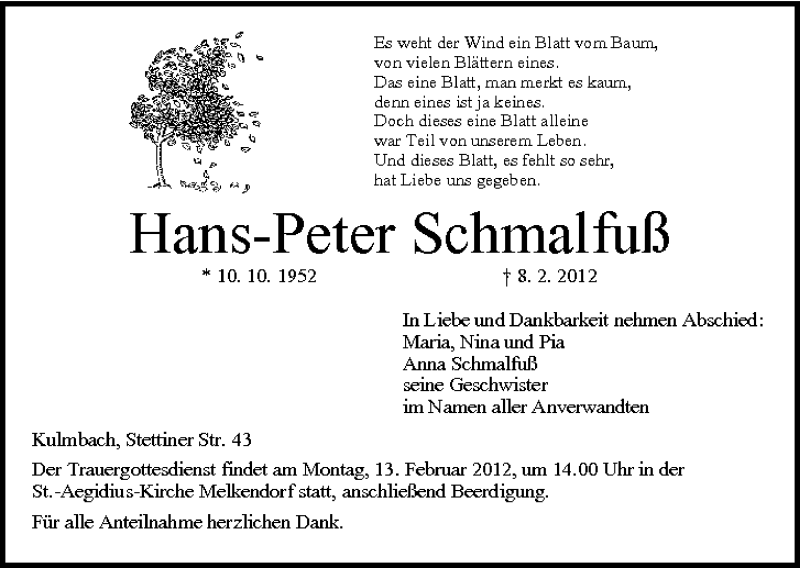  Traueranzeige für Hans-Peter Schmalfuß vom 10.02.2012 aus MGO