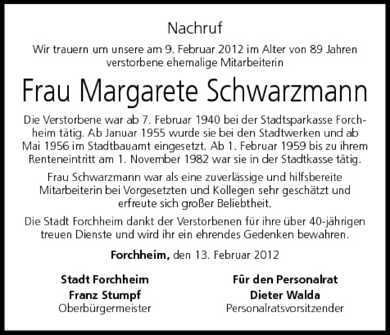  Traueranzeige für Margarete Schwarmann vom 13.02.2012 aus MGO
