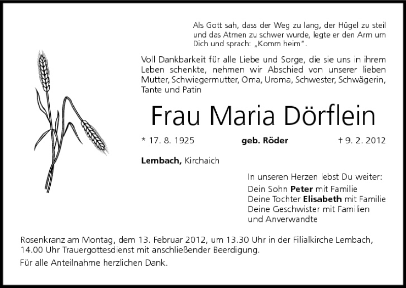  Traueranzeige für Maria Dörflein vom 11.02.2012 aus MGO