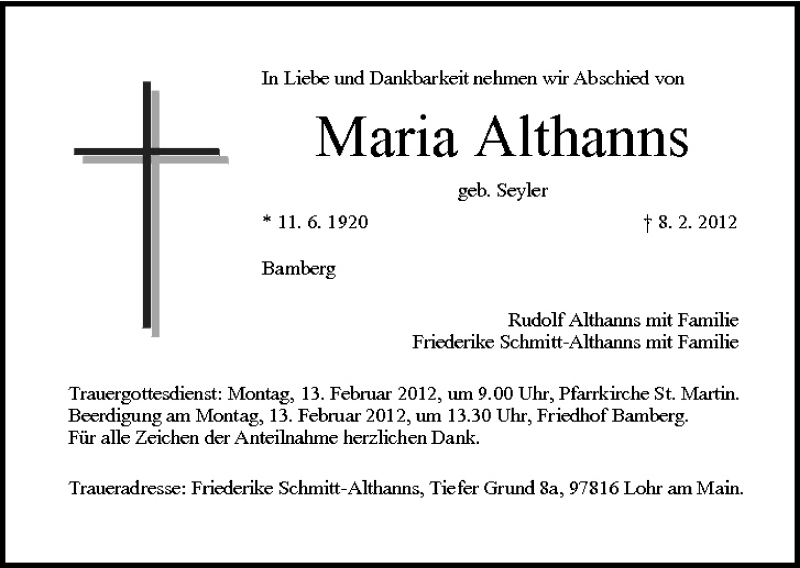  Traueranzeige für Maria Althanns vom 11.02.2012 aus MGO