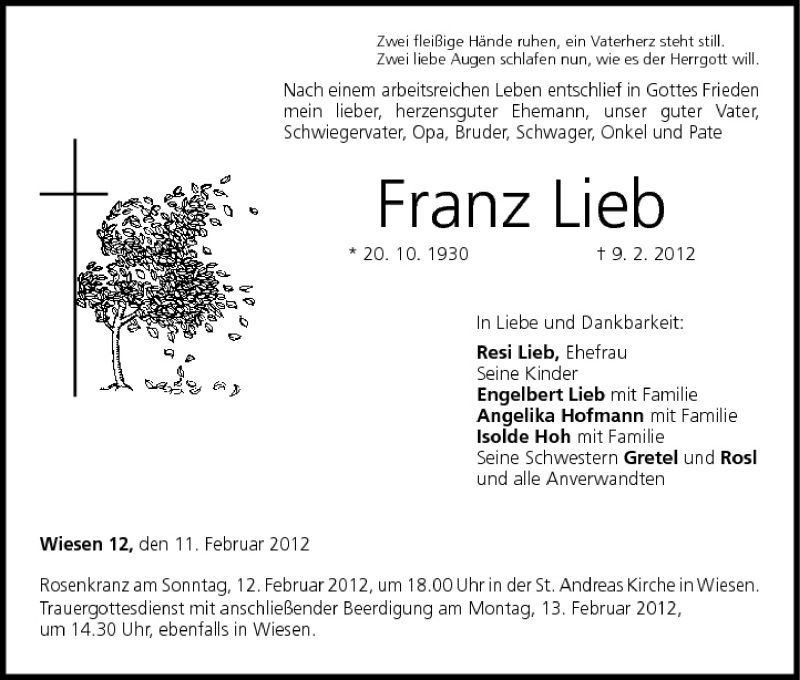  Traueranzeige für Franz Lieb vom 11.02.2012 aus MGO