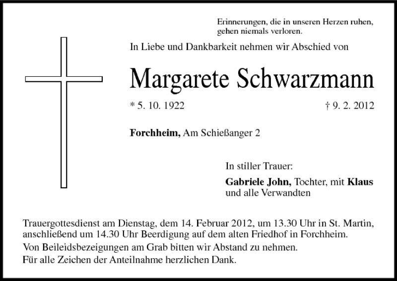  Traueranzeige für Margarete Schwarzmann vom 11.02.2012 aus MGO