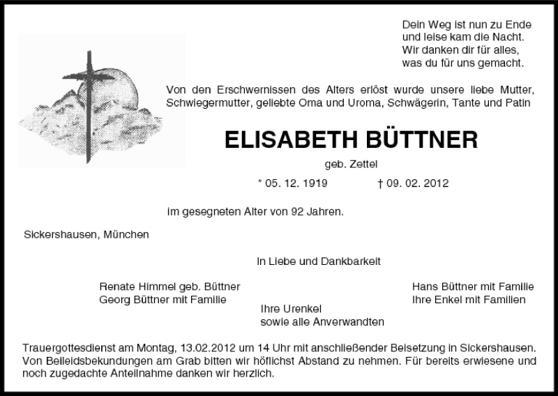  Traueranzeige für Elisabeth Büttner vom 11.02.2012 aus MGO