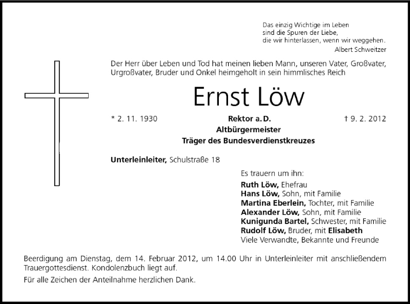  Traueranzeige für Ernst Löw vom 11.02.2012 aus MGO