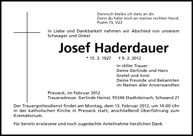  Traueranzeige für Josef Haderdauer vom 11.02.2012 aus MGO