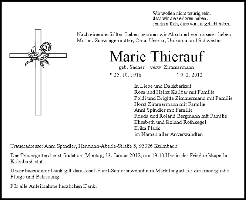  Traueranzeige für Marie Thierauf vom 11.02.2012 aus MGO