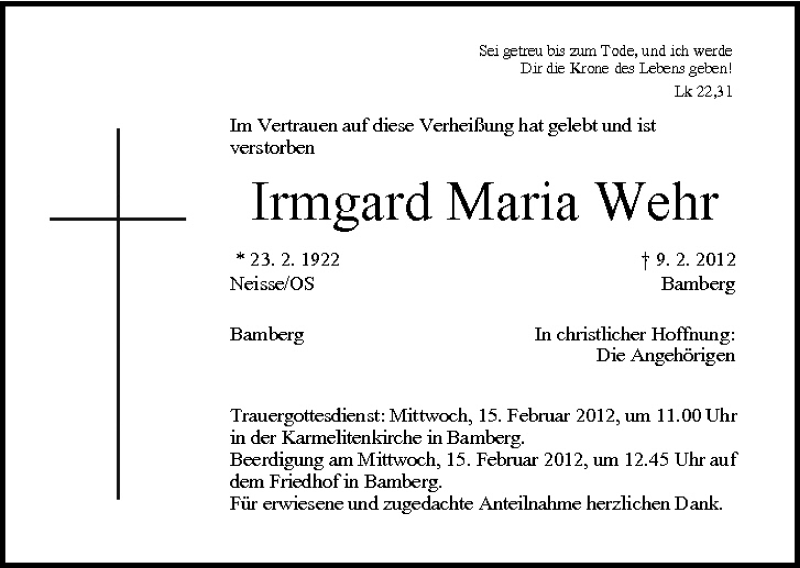  Traueranzeige für Irmgard Maria Wehr vom 11.02.2012 aus MGO