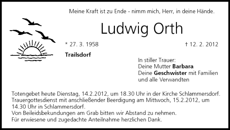  Traueranzeige für Ludwig Orth vom 14.02.2012 aus MGO
