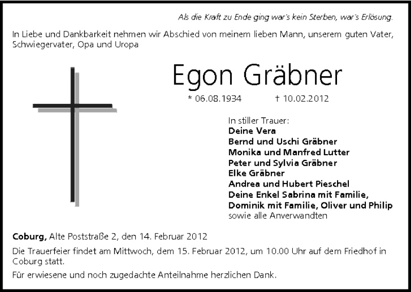  Traueranzeige für Egon Gräbner vom 14.02.2012 aus MGO
