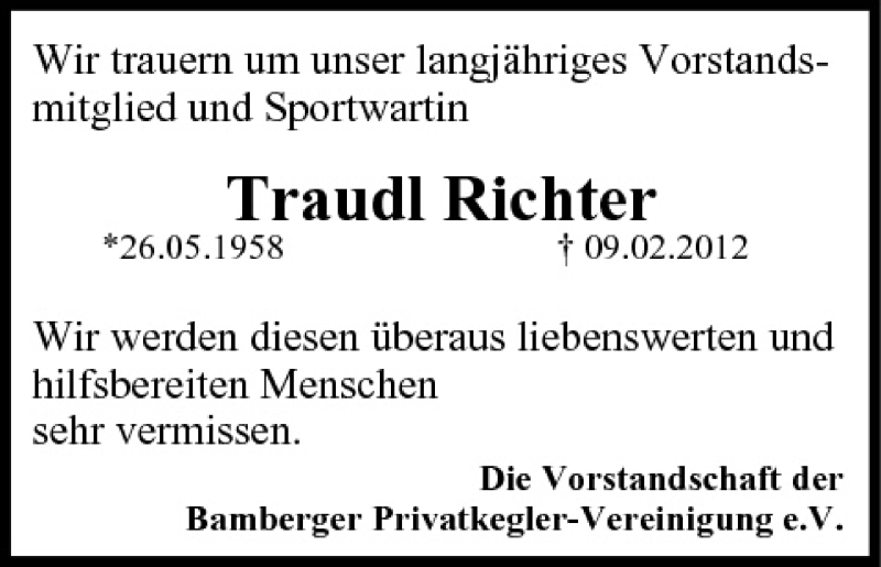  Traueranzeige für Traudl Richter vom 14.02.2012 aus MGO