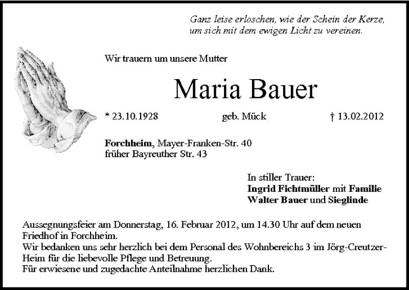  Traueranzeige für Maria Bauer vom 15.02.2012 aus MGO