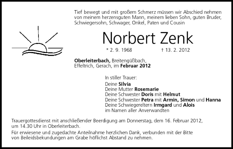  Traueranzeige für Norbert Zenk vom 15.02.2012 aus MGO