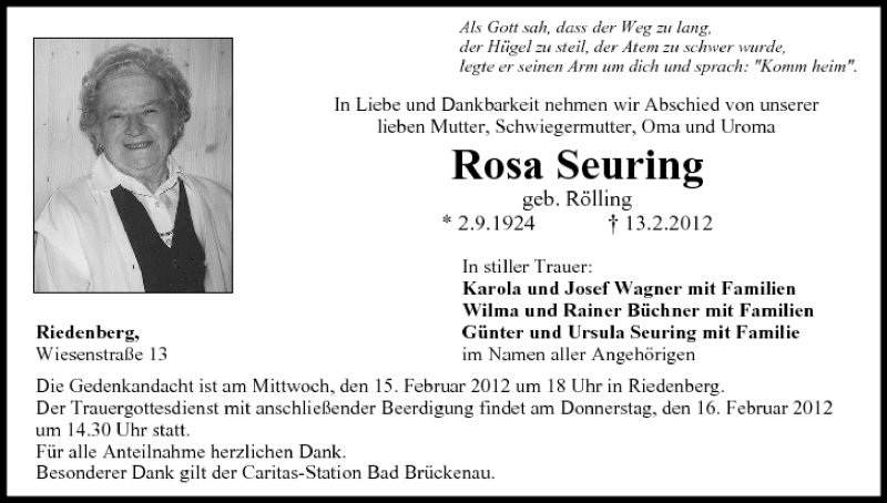  Traueranzeige für Rosa Seuring vom 15.02.2012 aus MGO