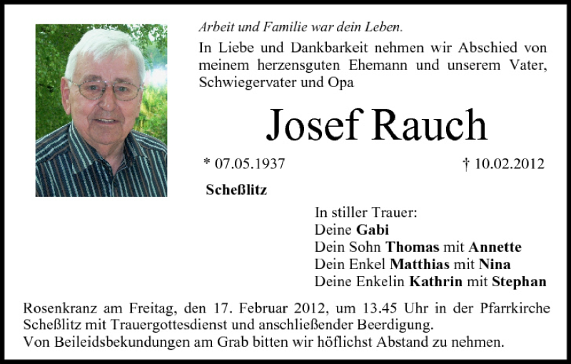  Traueranzeige für Josef Rauch vom 15.02.2012 aus MGO