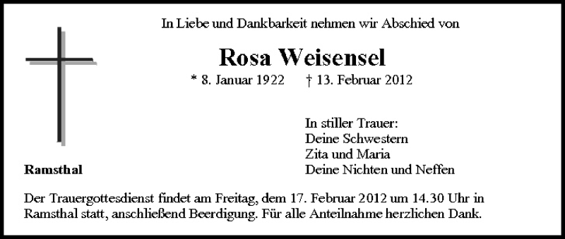  Traueranzeige für Rosa Weisensel vom 15.02.2012 aus MGO