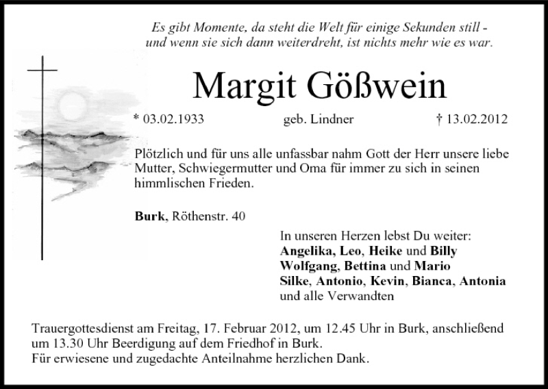  Traueranzeige für Margit Gößwein vom 15.02.2012 aus MGO