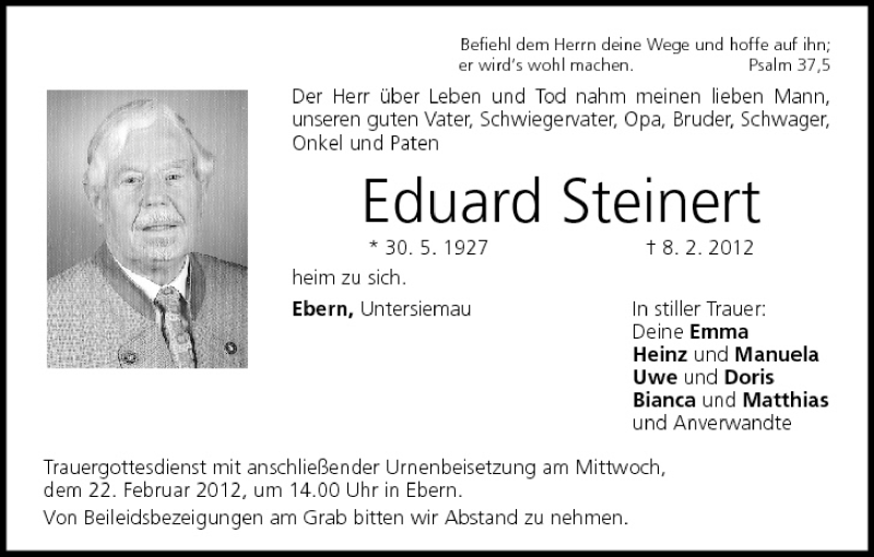  Traueranzeige für Eduard Steinert vom 18.02.2012 aus MGO